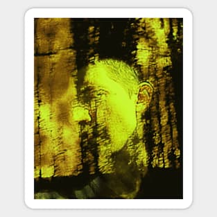 Portrait, digital collage and special processing. Masterpiece. Man looking to car window, reflection. Autumn, bright yellow sun. Sticker